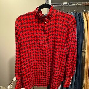 Ann Taylor Red and Black Houndstooth Blouse